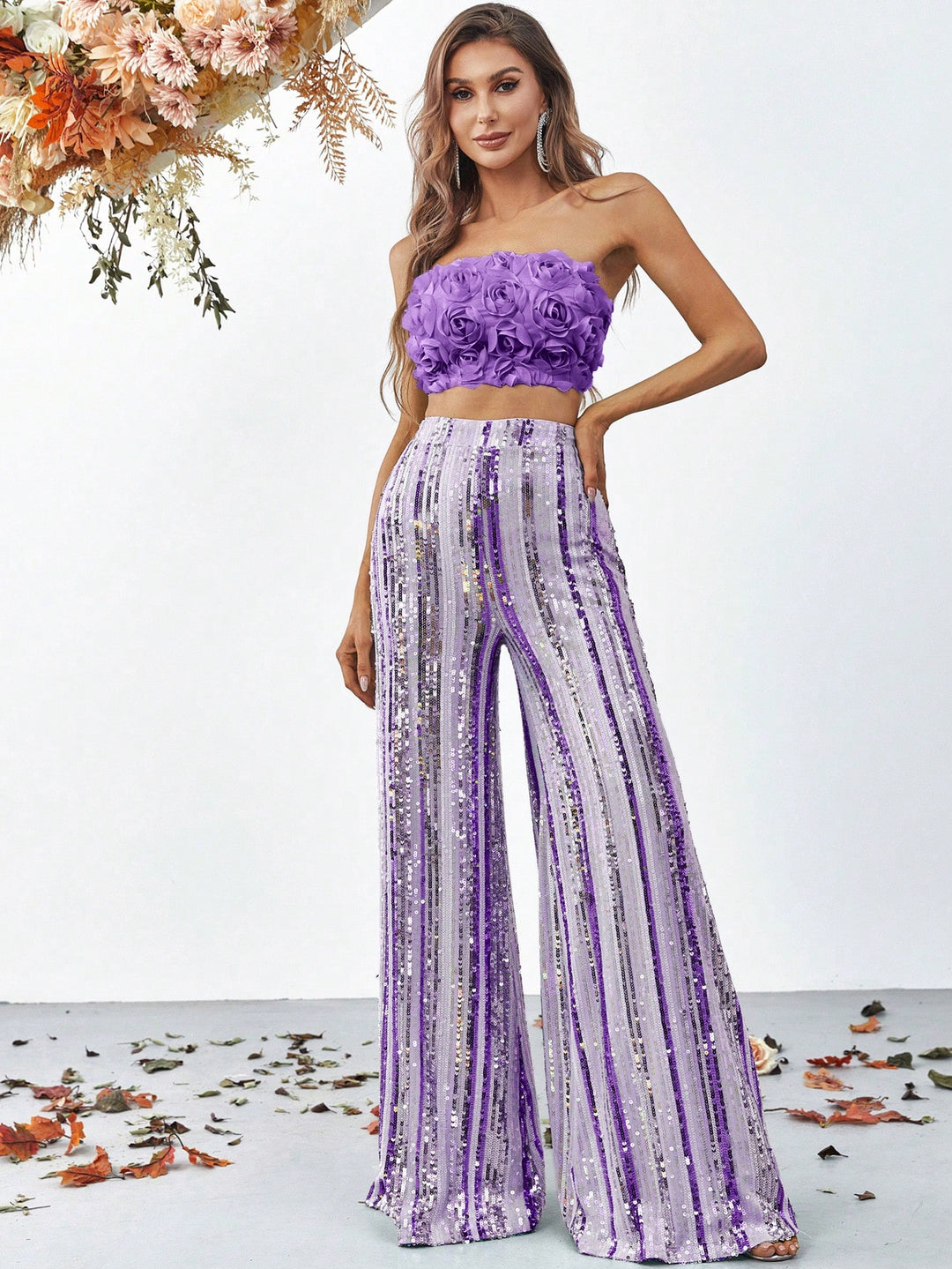 3D Flower Tube Top & Sequin Wide Leg Pants