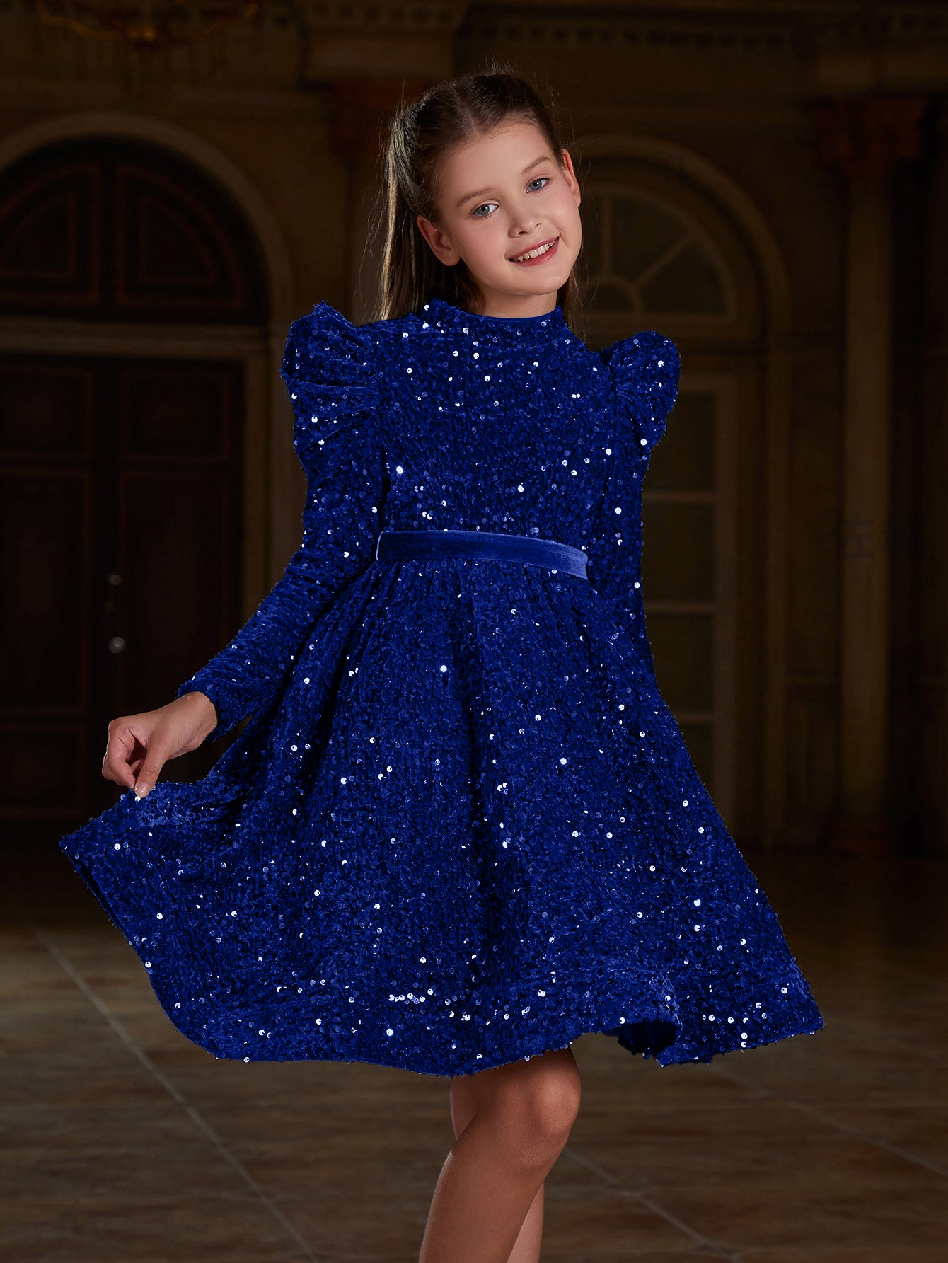 Tween Girls' Mock Neck Gigot Sleeve Sequin A Line Dress