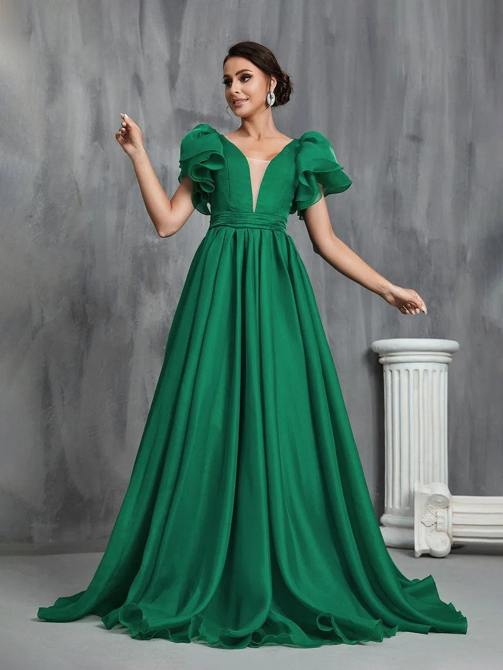 Backless Layered Sleeves Organza Prom Dress