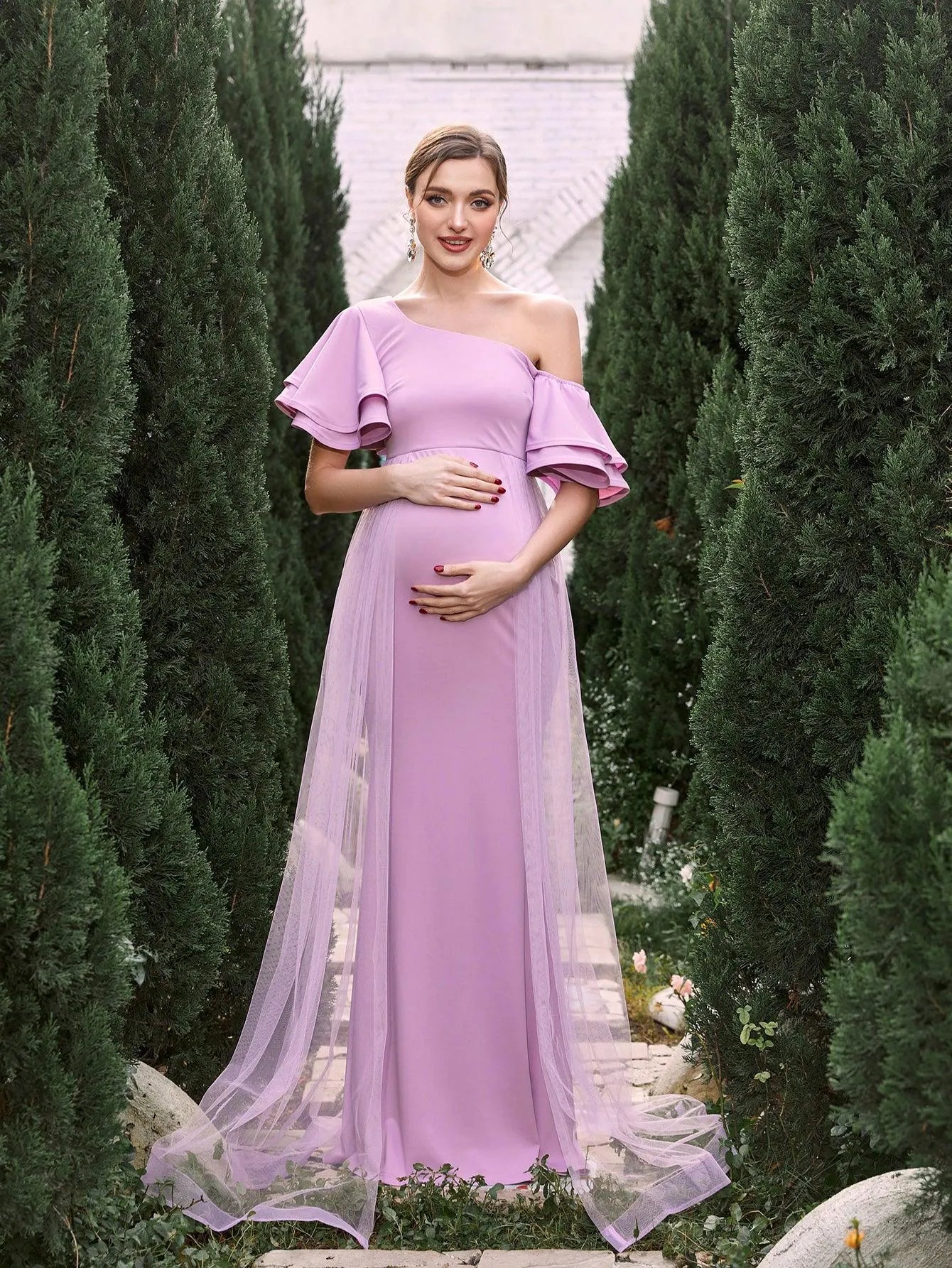 Maternity Asymmetrical Collar Ruffle Sleeves Mermaid Dress