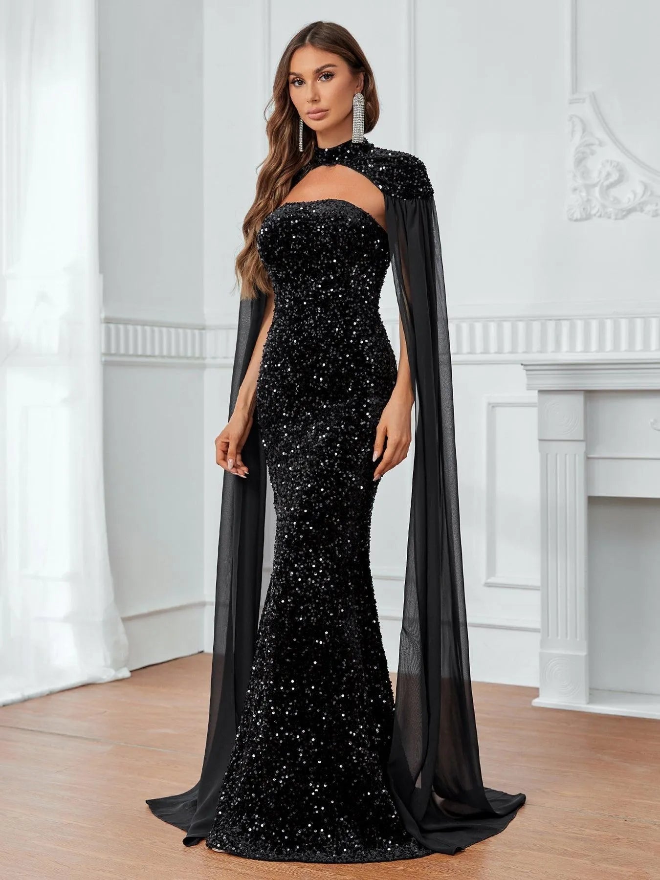 Black Chiffon Cloak Sleeves Sequin Tube Dress