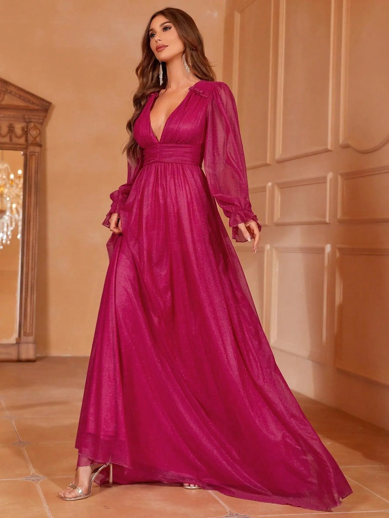 Plunging Neck Lantern Sleeve Maxi A Line Dresses