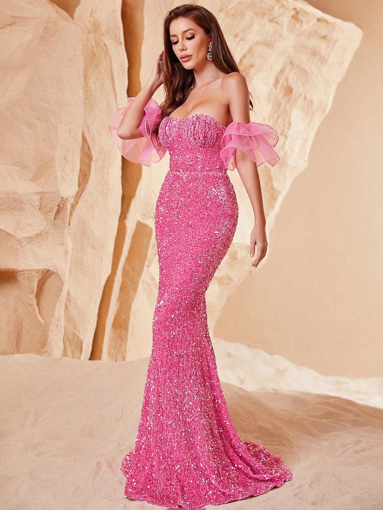 Off Shoulder Ruffle Trim Sequin Mermaid Dress