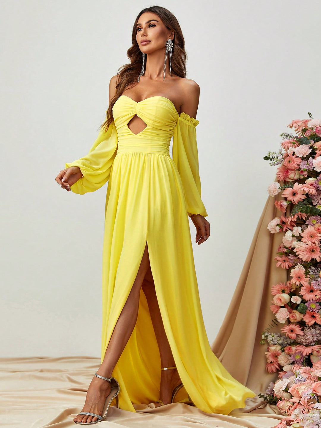 Elegant Off Shoulder Cut Out Ruched Split Thigh A Line Dress