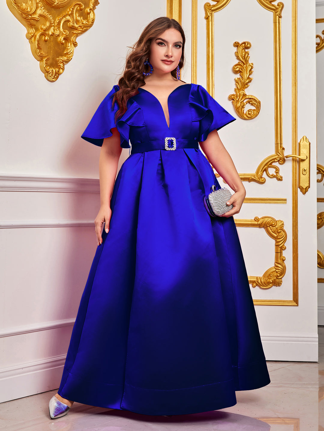 Plus Rhinestone Detail Belted Ruffle Sleeve Satin Dress