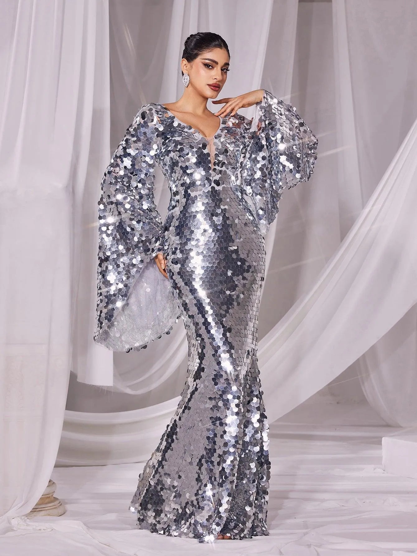 Plunging Neck Flared Sleeves Sequin Mermaid Dress