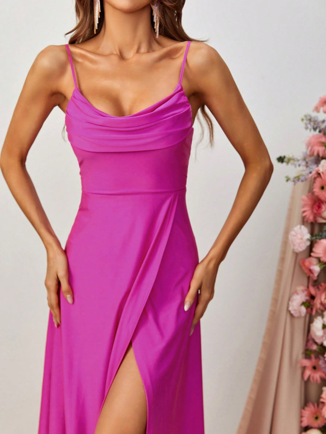 Elegant Spaghetti Strap Slit Satin A Line Dresses