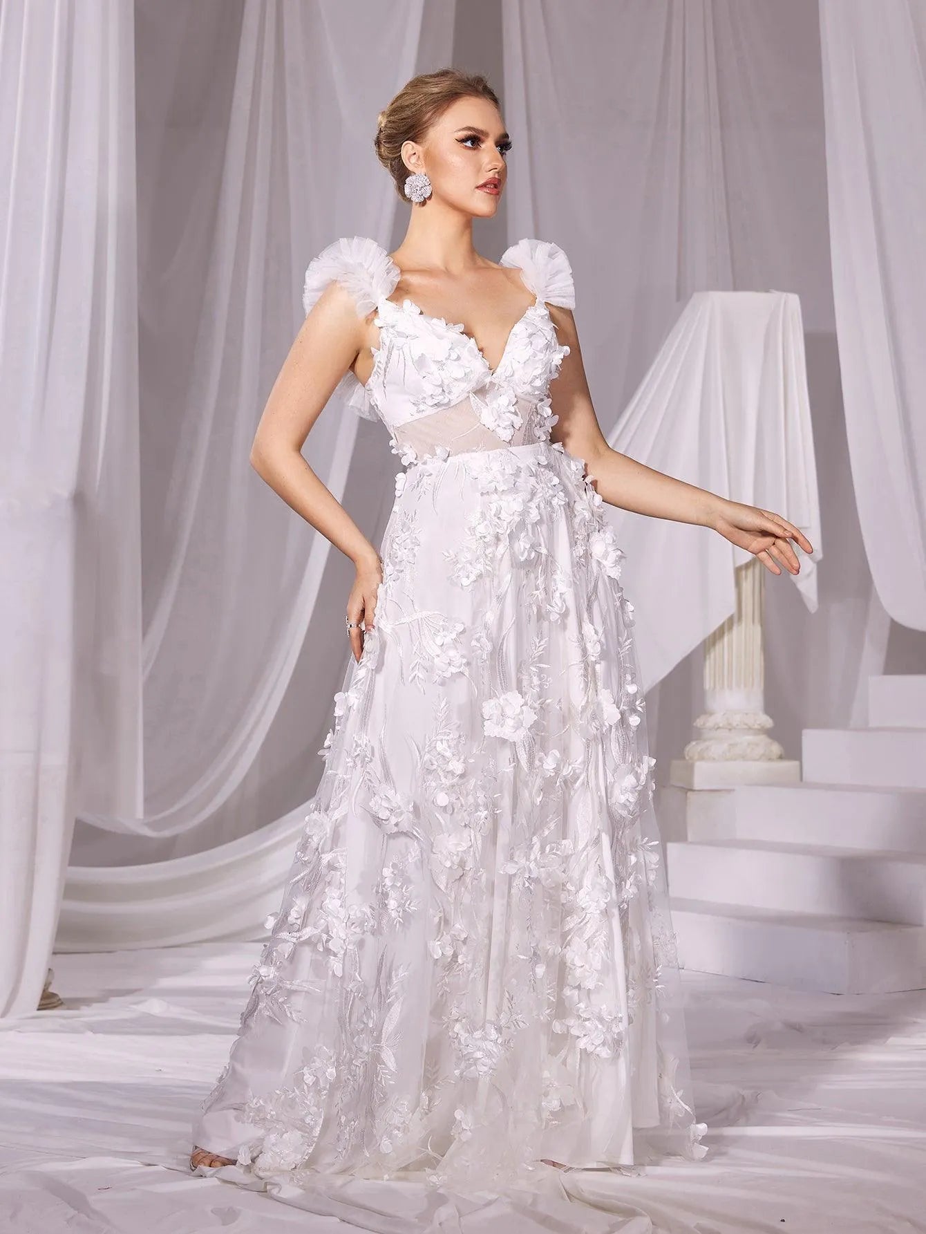 Floral Applique Plunging Neck Split Mesh Wedding Dress