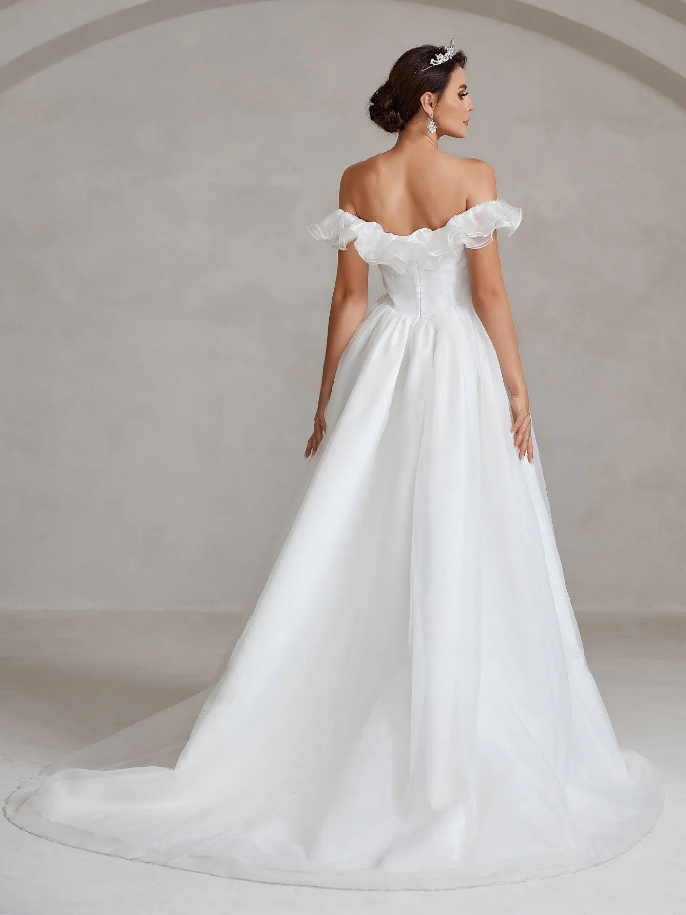 Off Shoulder Satin Bodice Contrast Organza Wedding Dress