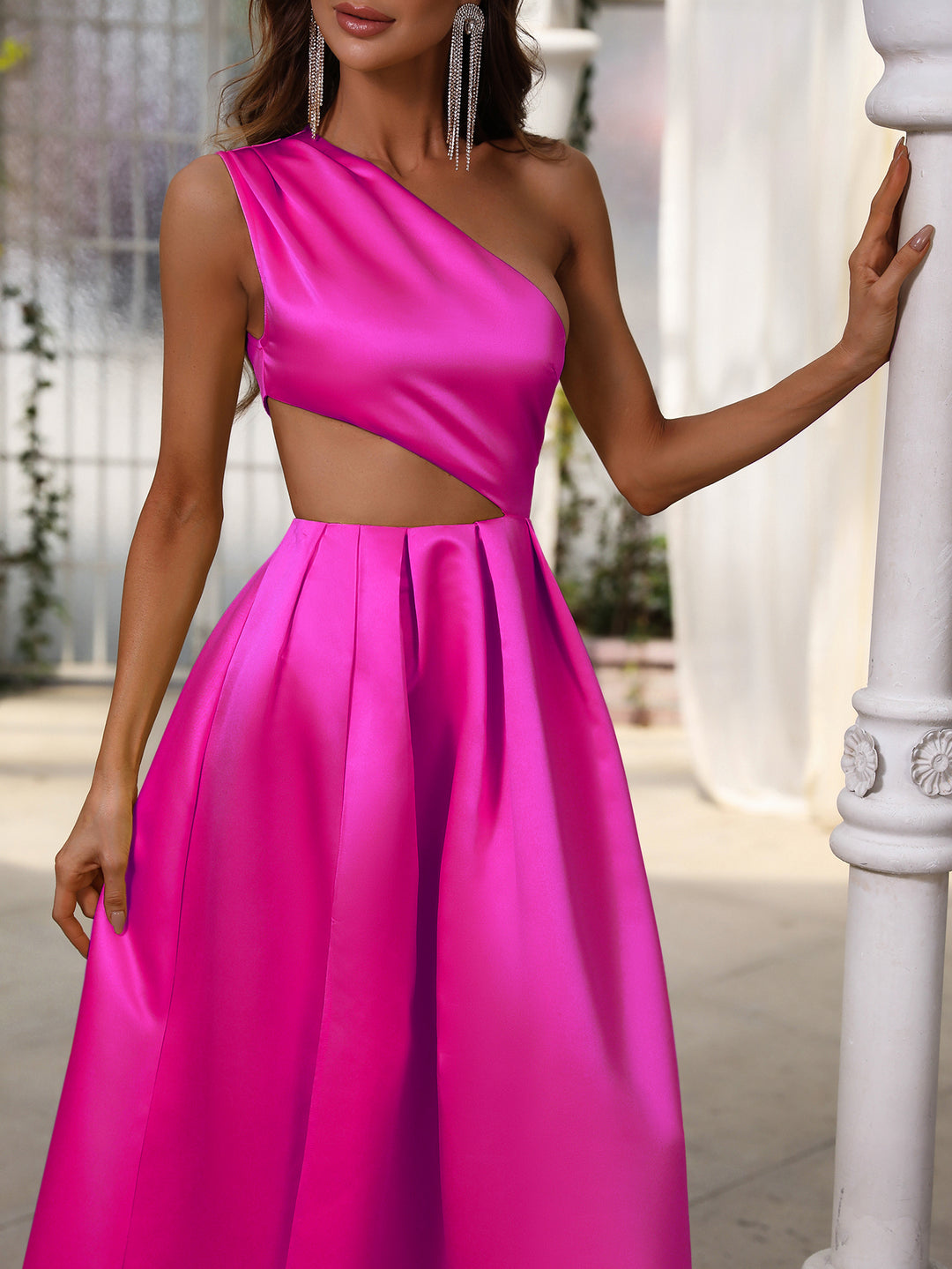 Cut Out One Shoulder Sleeveless Satin A line Dresses