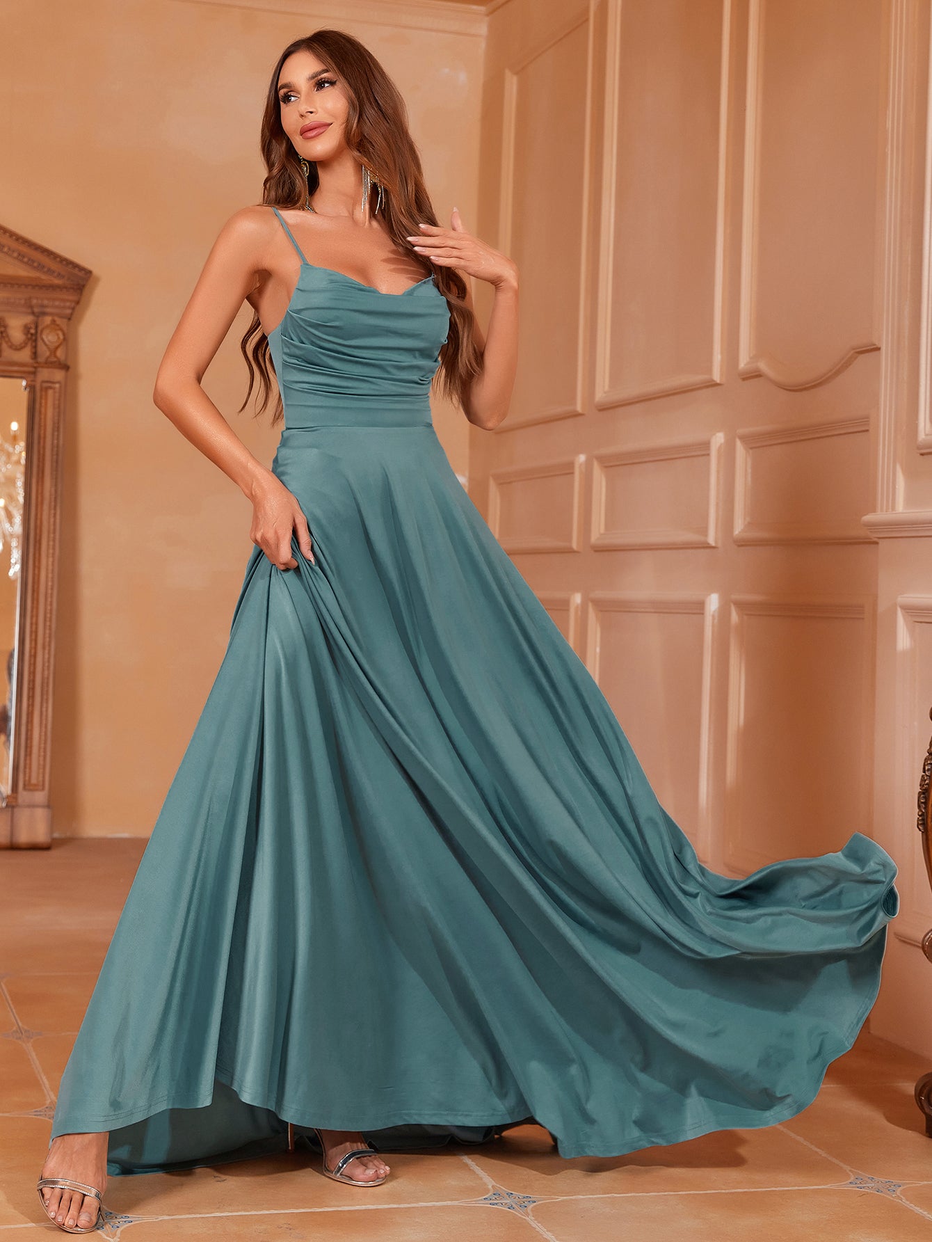 Elegant Ruched Draped Collar Cami Bridesmaid Dress