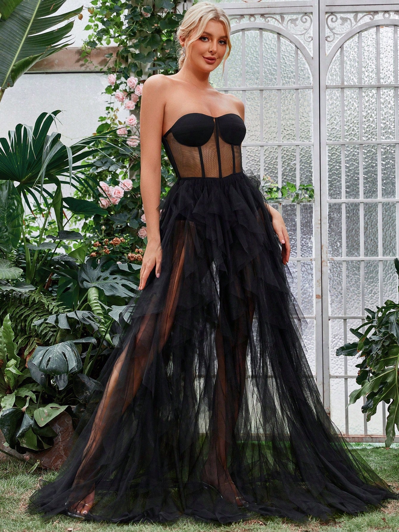 Sheer Bodice Mesh Overlay Tube Dress