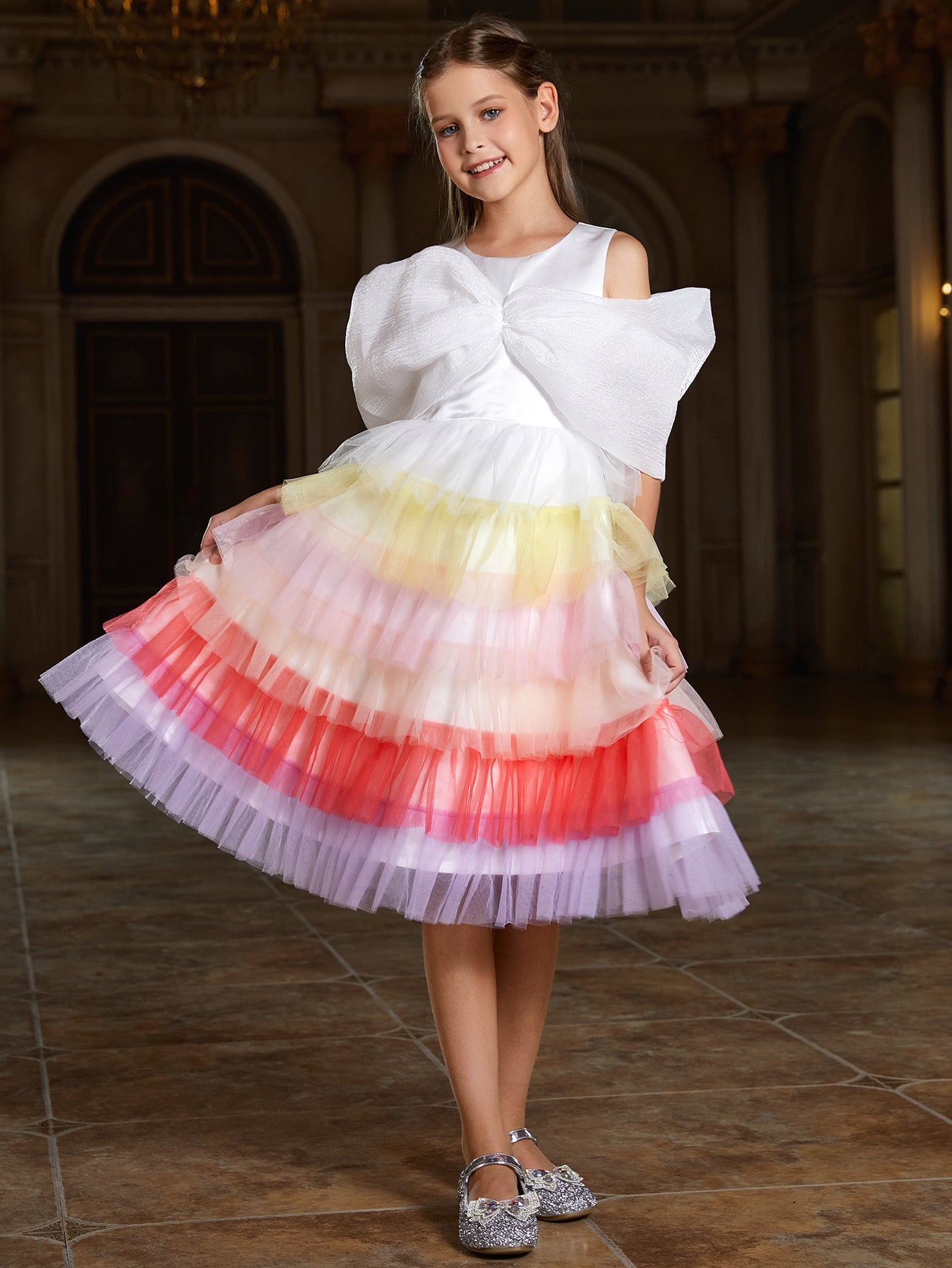 Girl's Bow Detail Iridescent Layered Hem Cake Dress