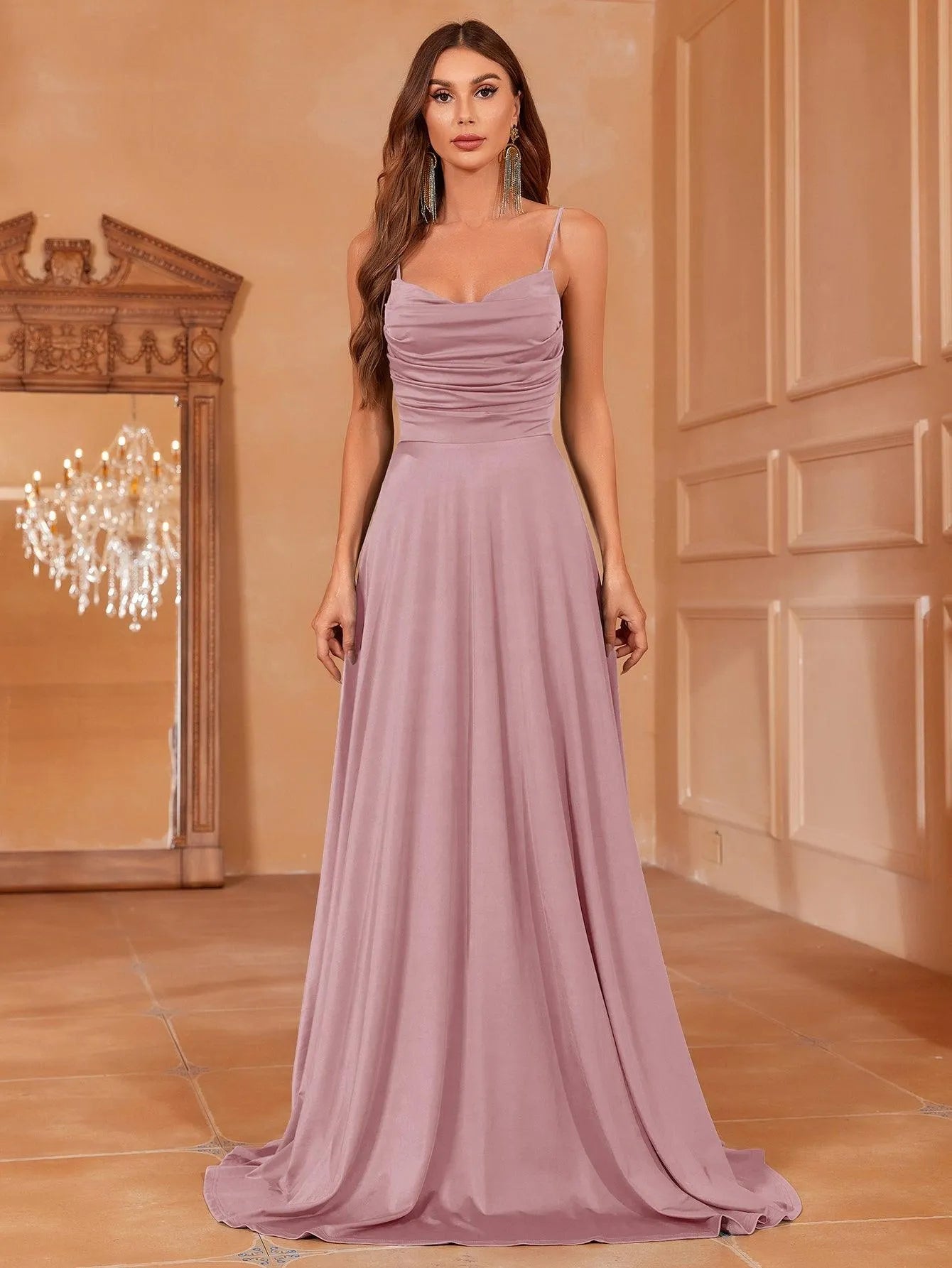 Elegant Ruched Draped Collar Cami Bridesmaid Dress