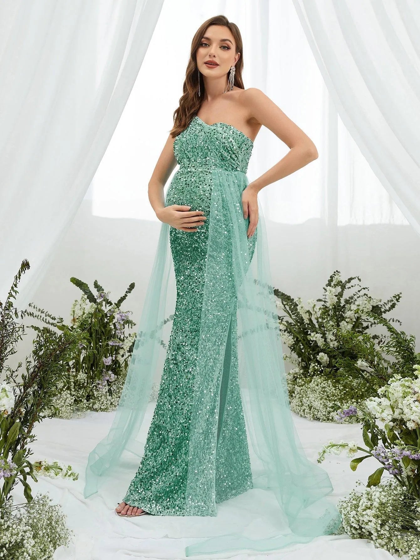 Maternity One Shoulder Mesh Overlay Sequin Party Dress