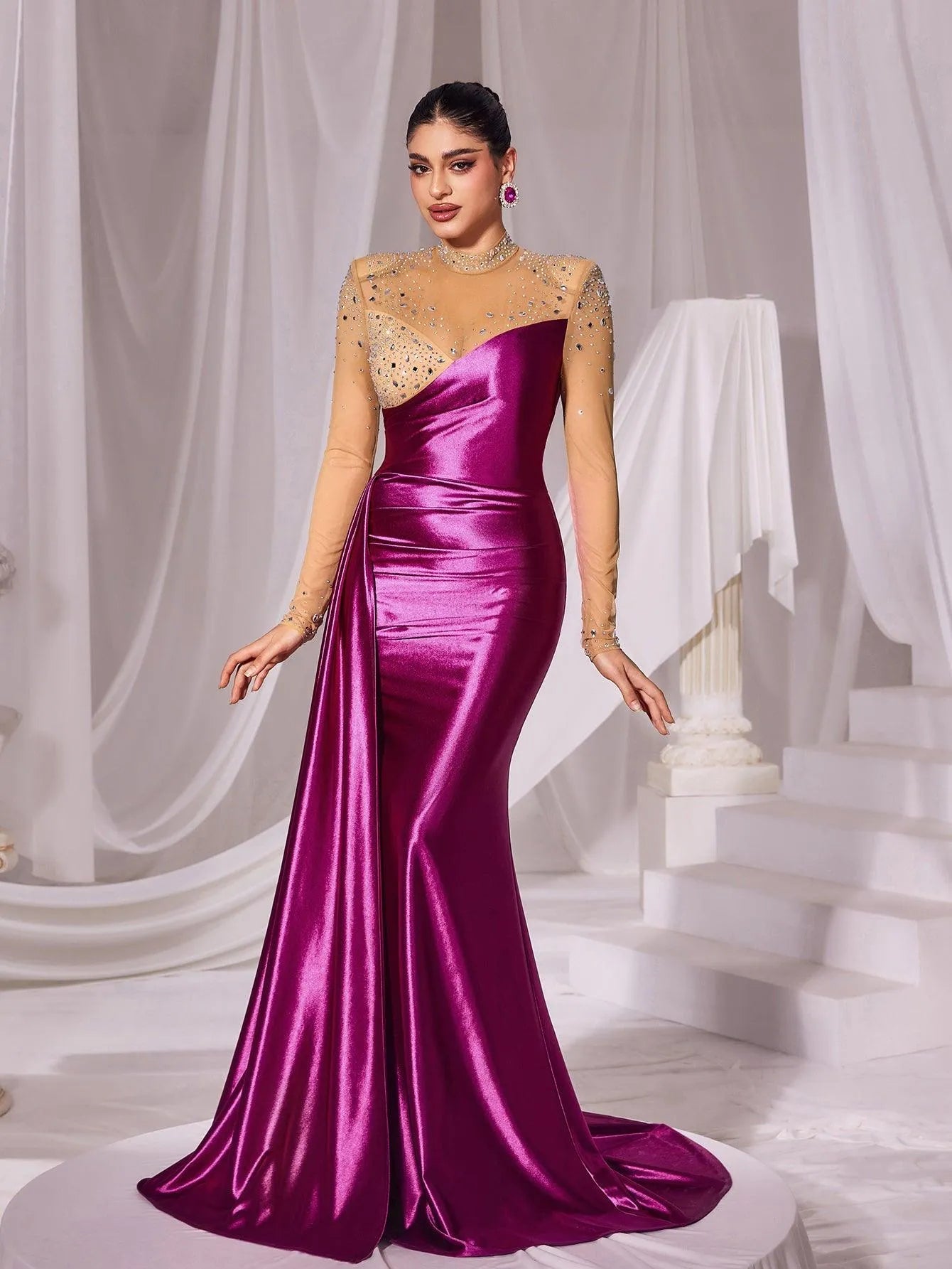 Rhinestone Detail Mock Neck Satin Mermaid Prom Dress