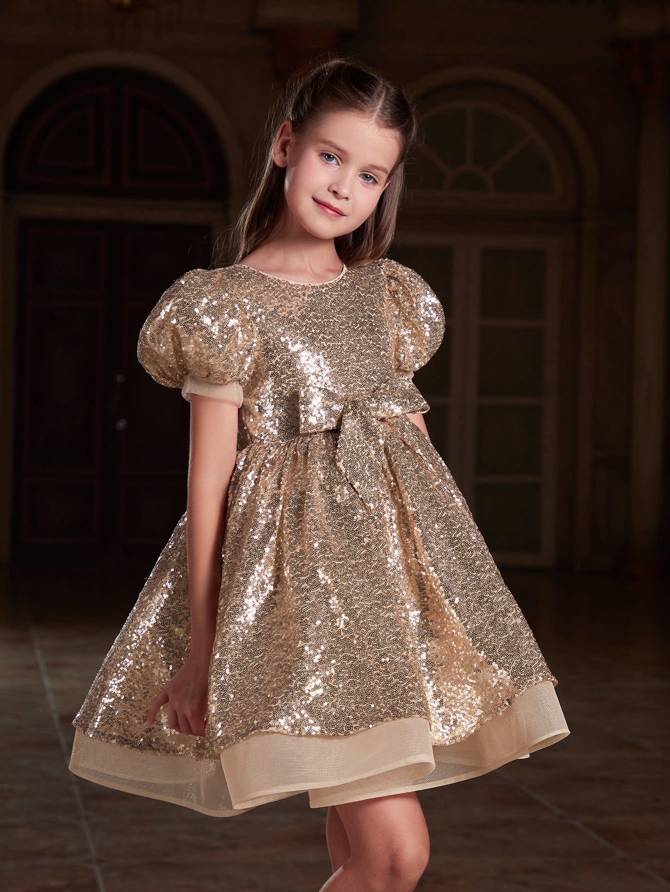 Girl's Cute Bow Front Puff Sleeve Sequin Party Dress