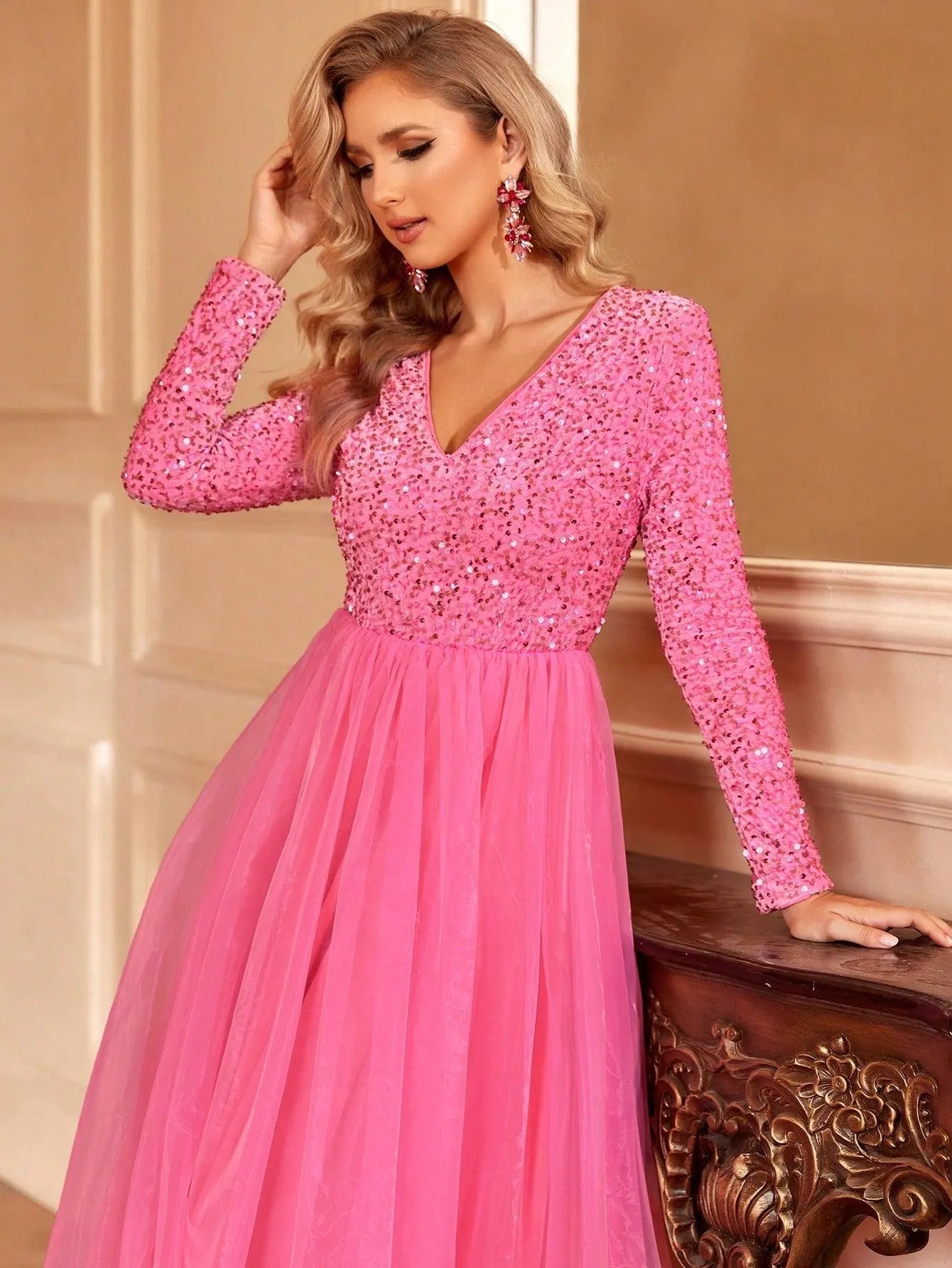 Classic Long-Sleeved V-Neck Formal Dress