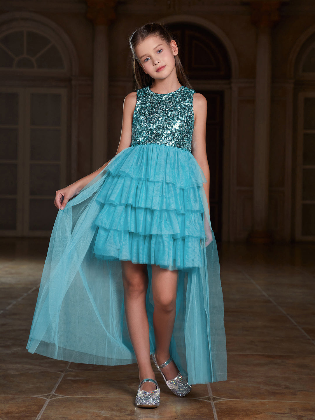 Tween Girls' Mesh Layered Hem Sequin Party Dress