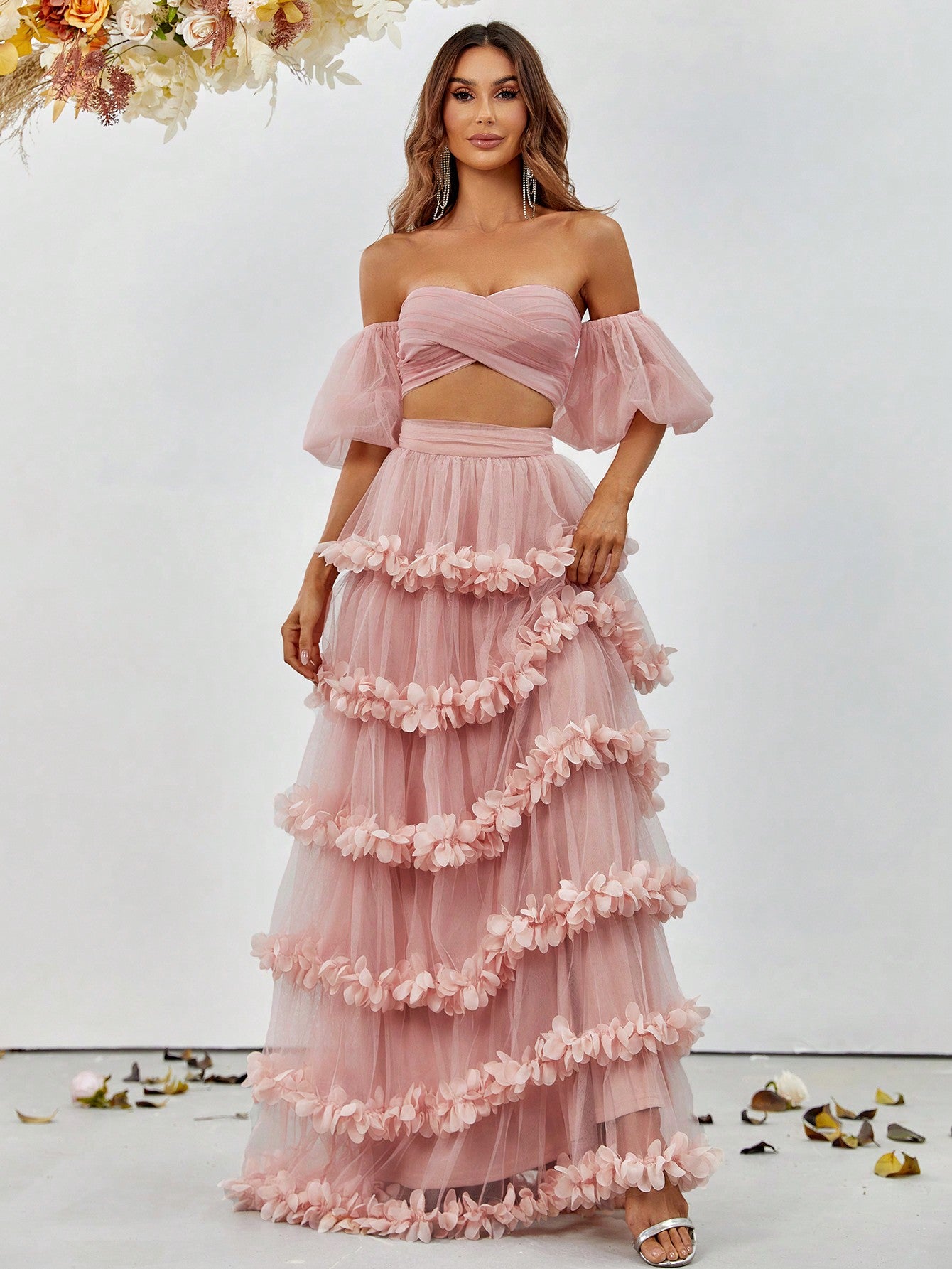 Off Shoulder Puff Sleeve Crop Top & Frill Trim Mesh Skirt