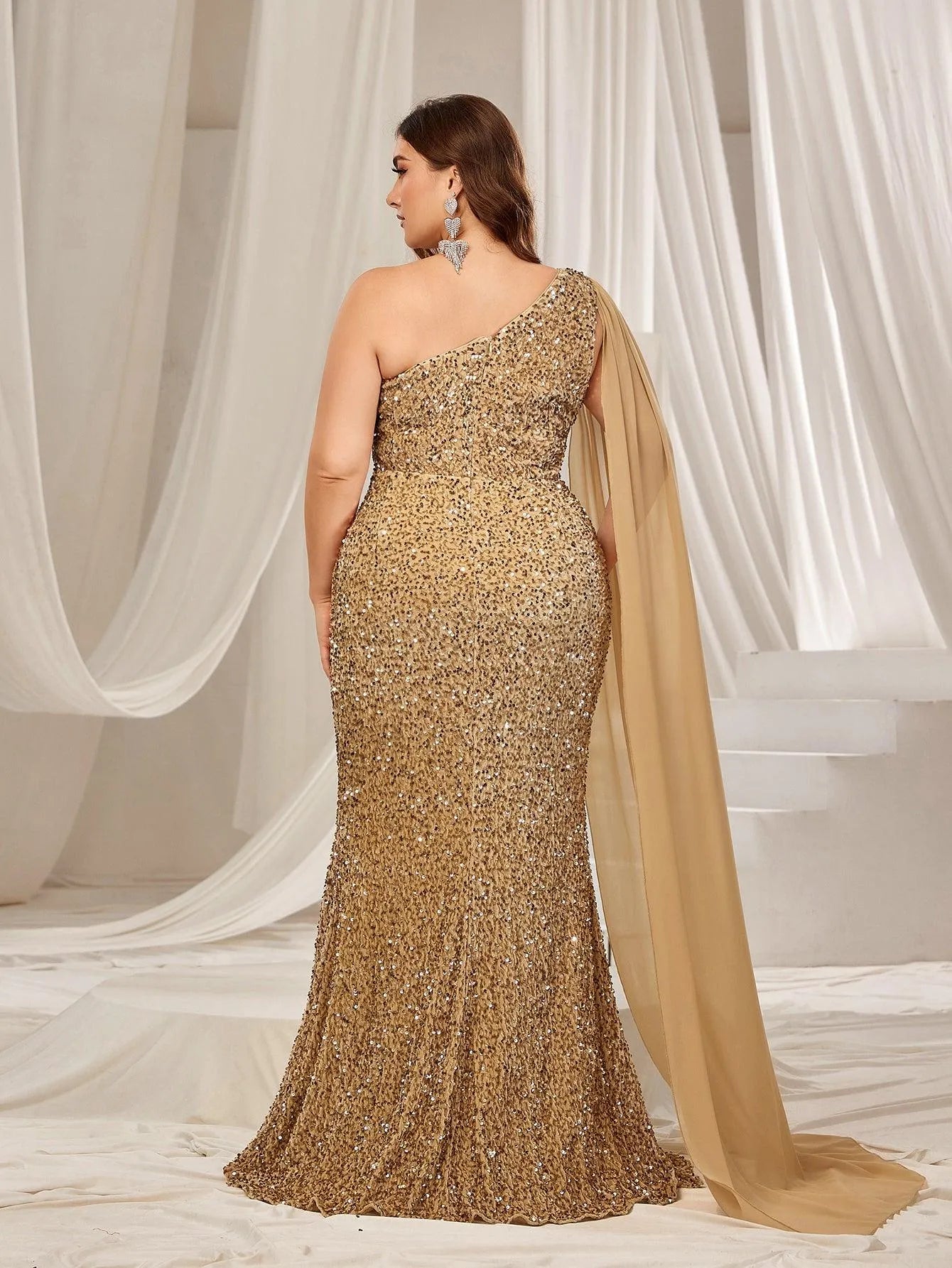 Plus One Shoulder Draped Side Sequin Mermaid Dress