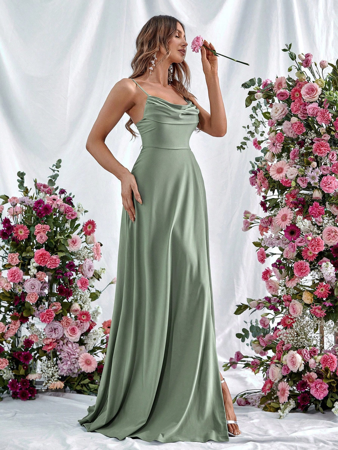 Elegant Spaghetti Strap Slit Satin A Line Dresses