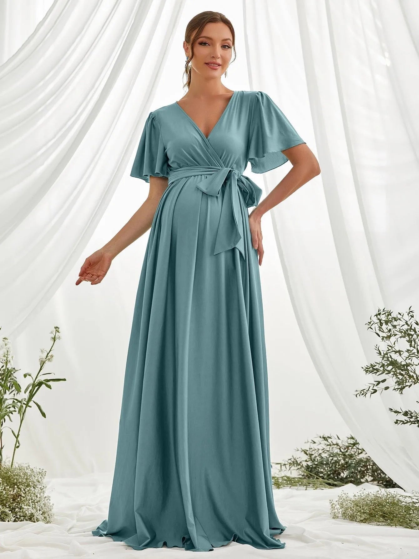 Maternity Surplice Neck Butterfly Sleeve Belted Dress