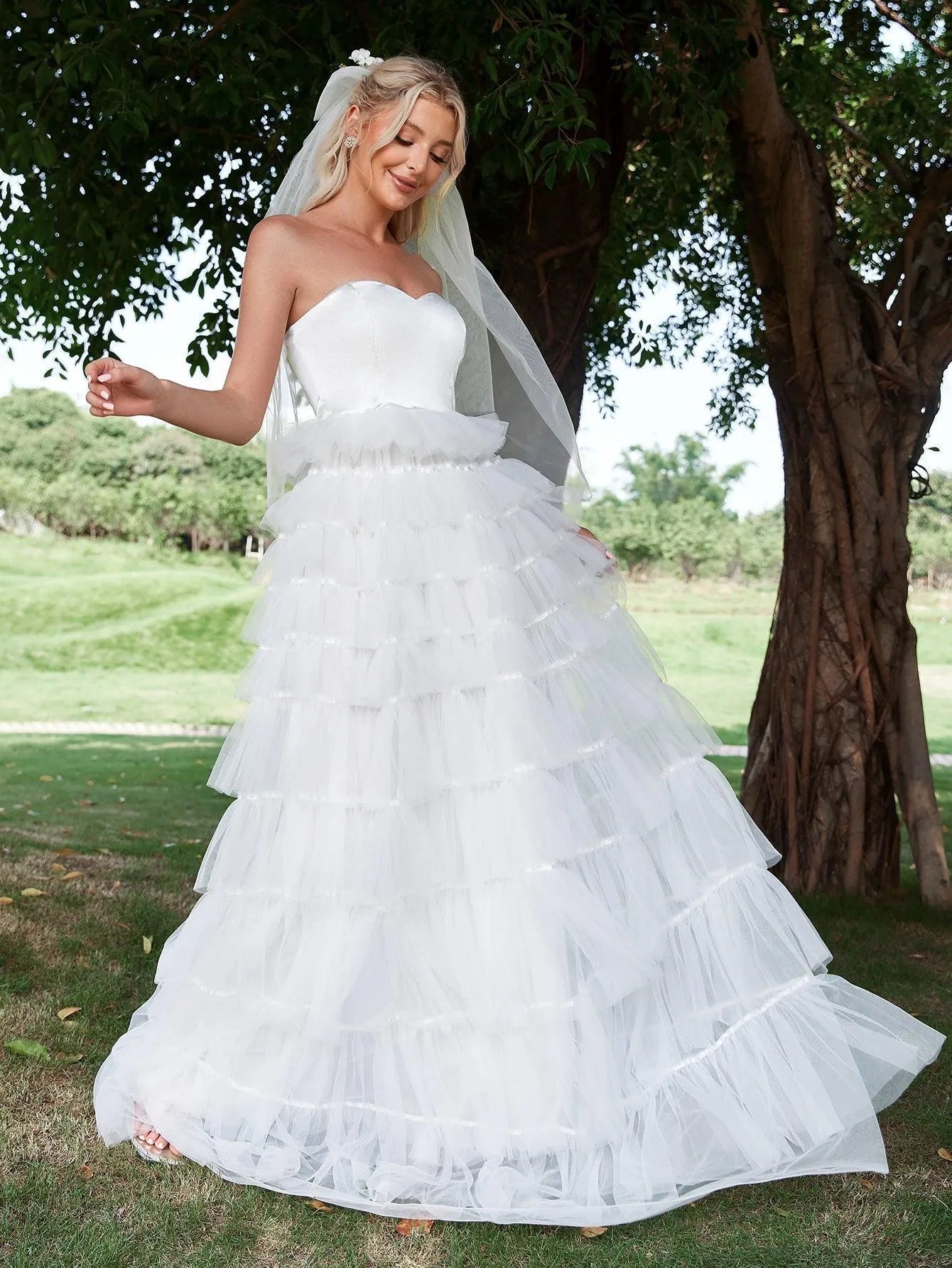 Satin Bodice Contrast Layered Tulle Hem Wedding Dress