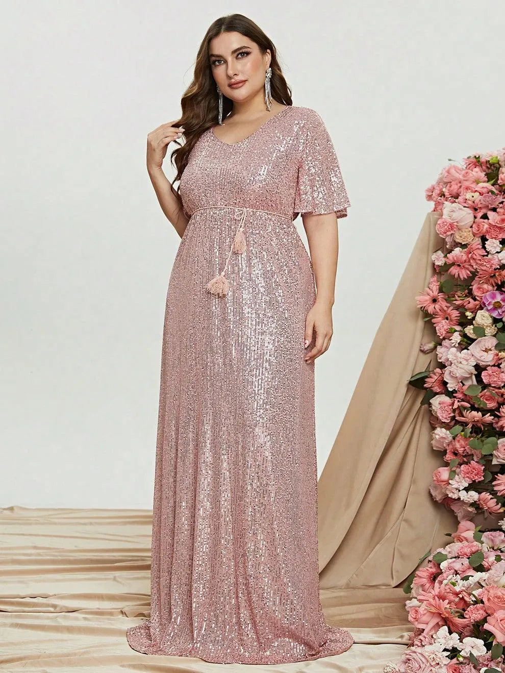 Plus Butterfly Sleeve Sequin Prom Dress