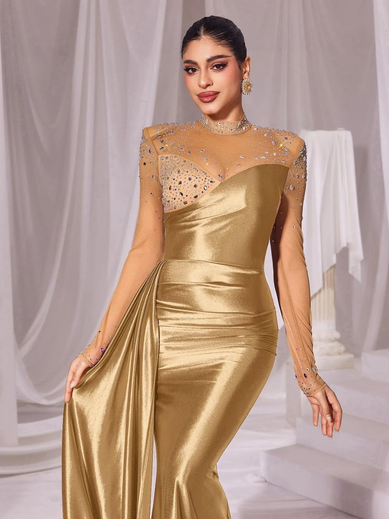 Rhinestone Detail Mock Neck Satin Mermaid Prom Dress