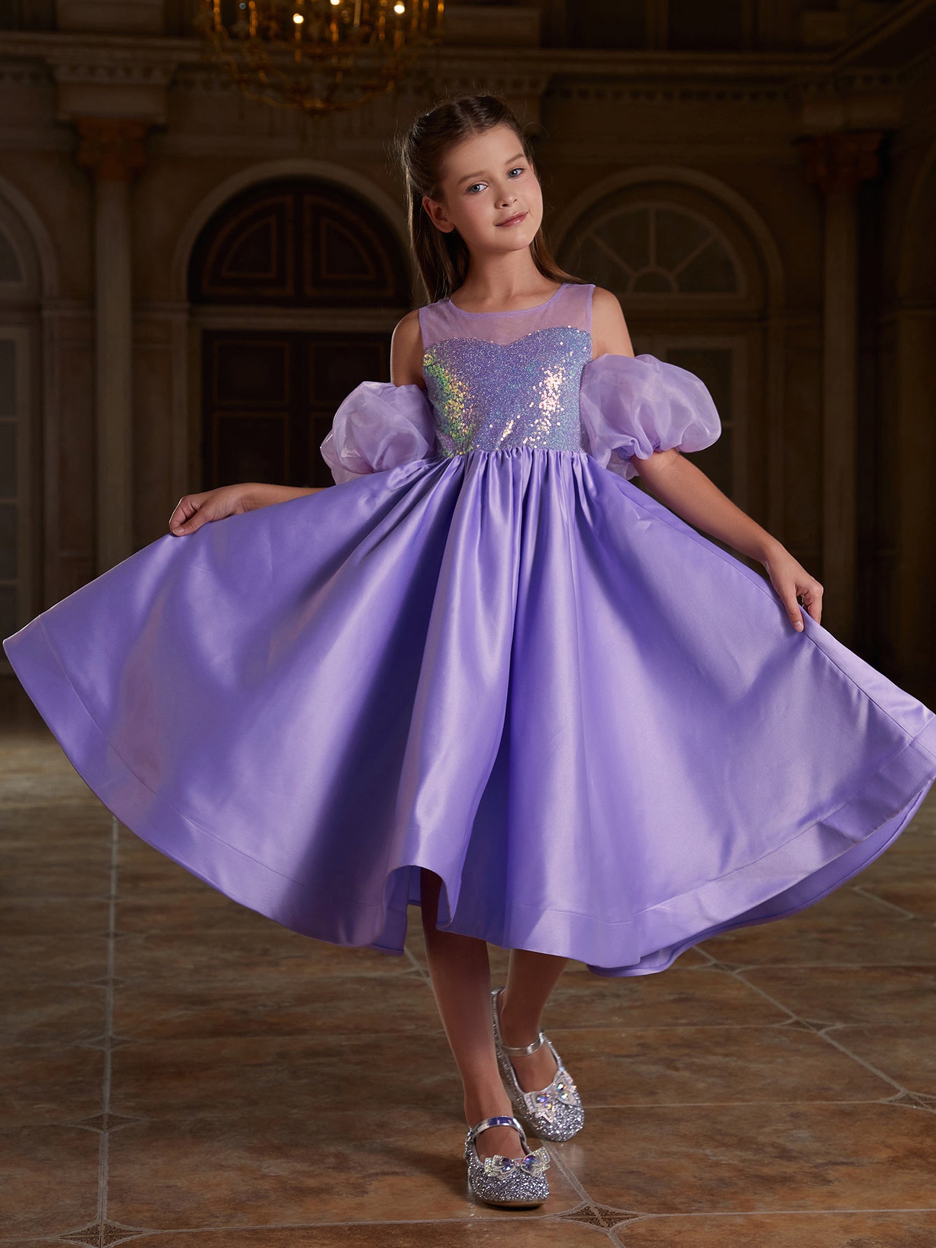 Girl's Puff Sleeve Sequin Contrast Satin Dress