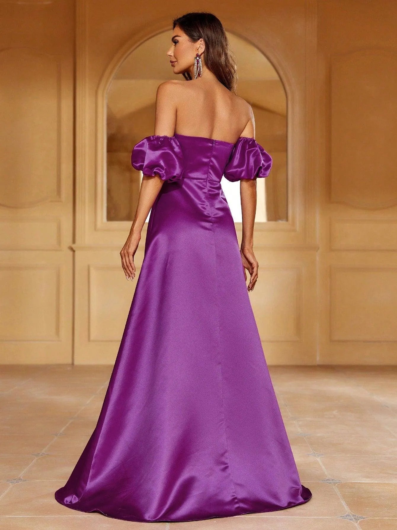 Off Shoulder Puff Sleeve Satin A Line Dress