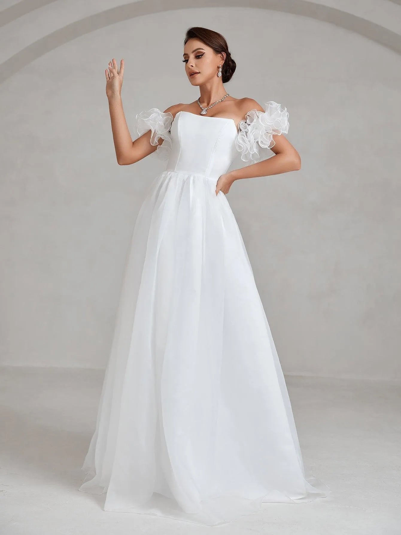 Ruffle Sleeve Organza Tube Wedding Dress