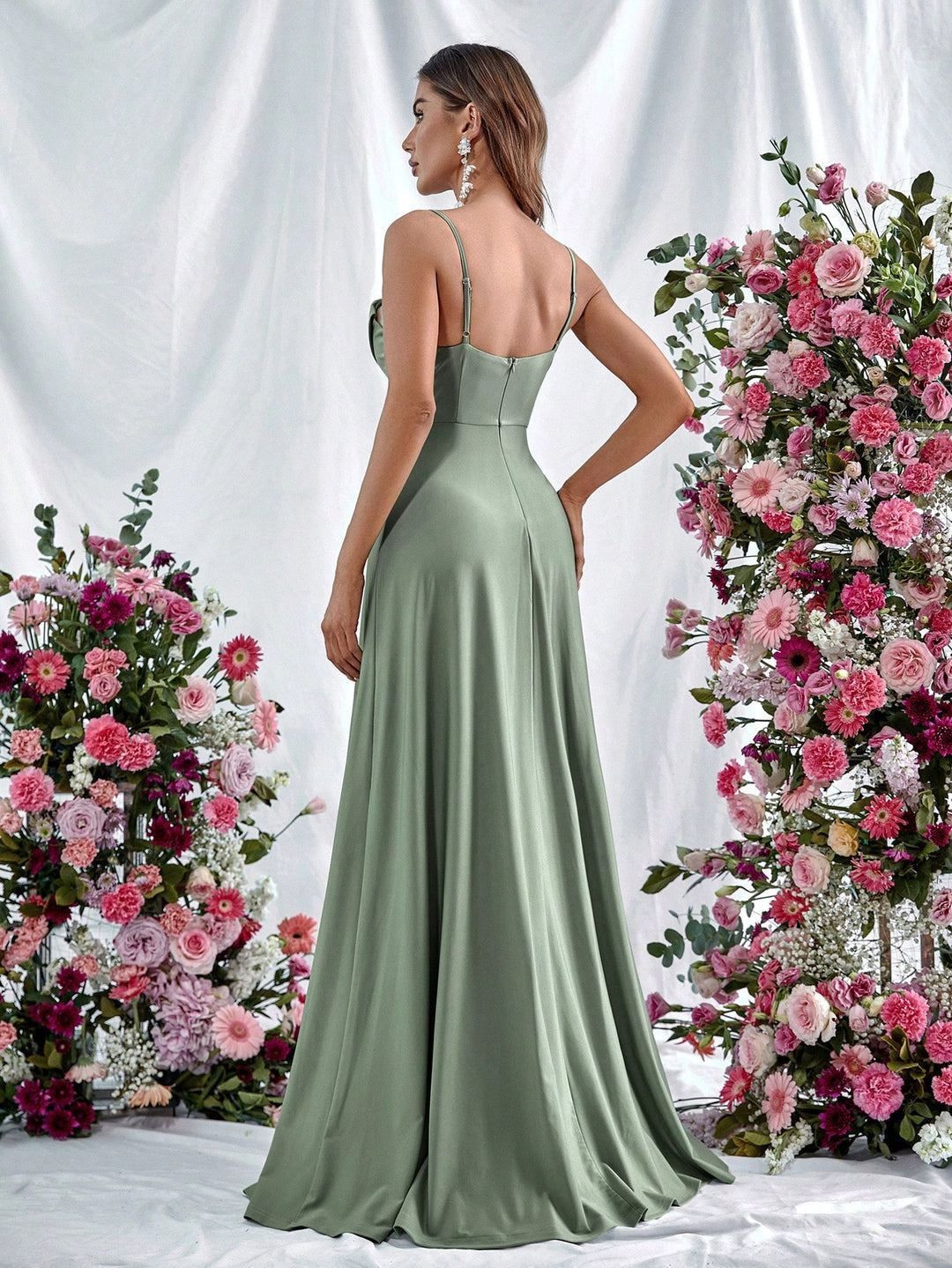 Elegant Spaghetti Strap Slit Satin A Line Dresses