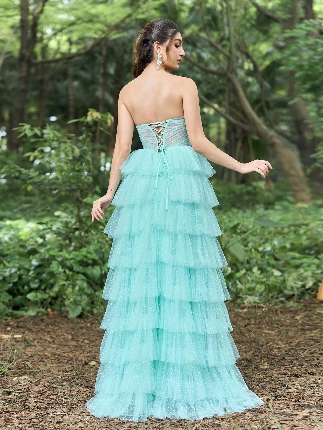 Elegant Ruched Bustier Split Ruffle Layered Hem Prom Tube Dress