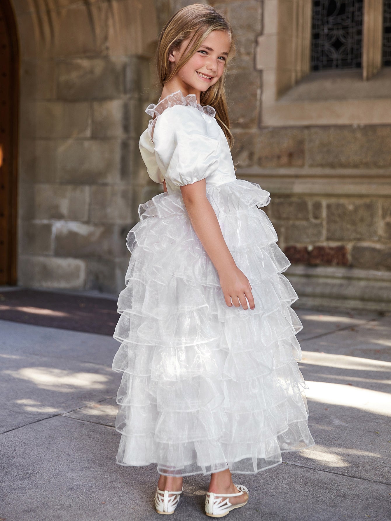 Girl's Puff Sleeve Organza Layered Hem Cake Dress