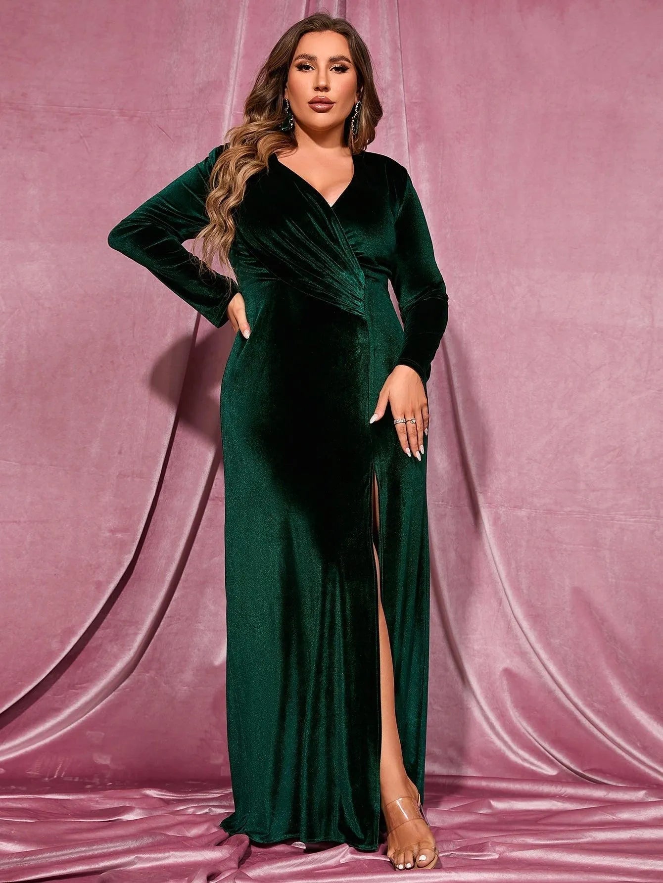 Plus Elegant V Neck Long Sleeve Velvet Slit Dress