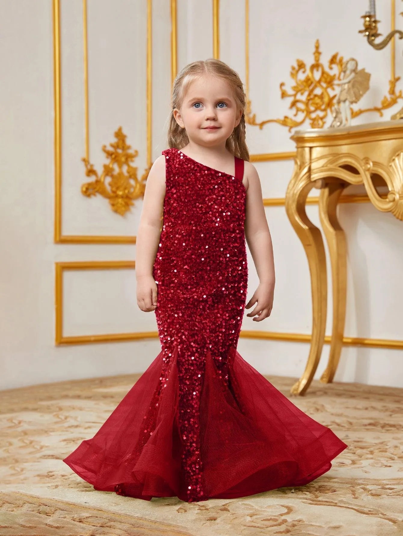 Young Girls' Mesh Insert Mermaid Hem Sequin Dress