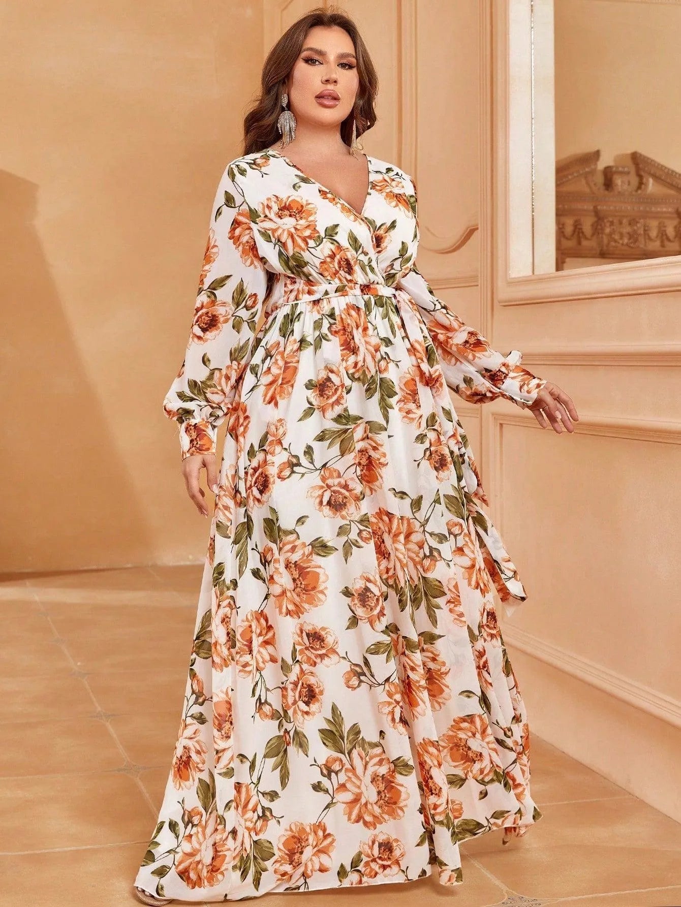 Plus V Neck Long Sleeve Floral Chiffon Dresses