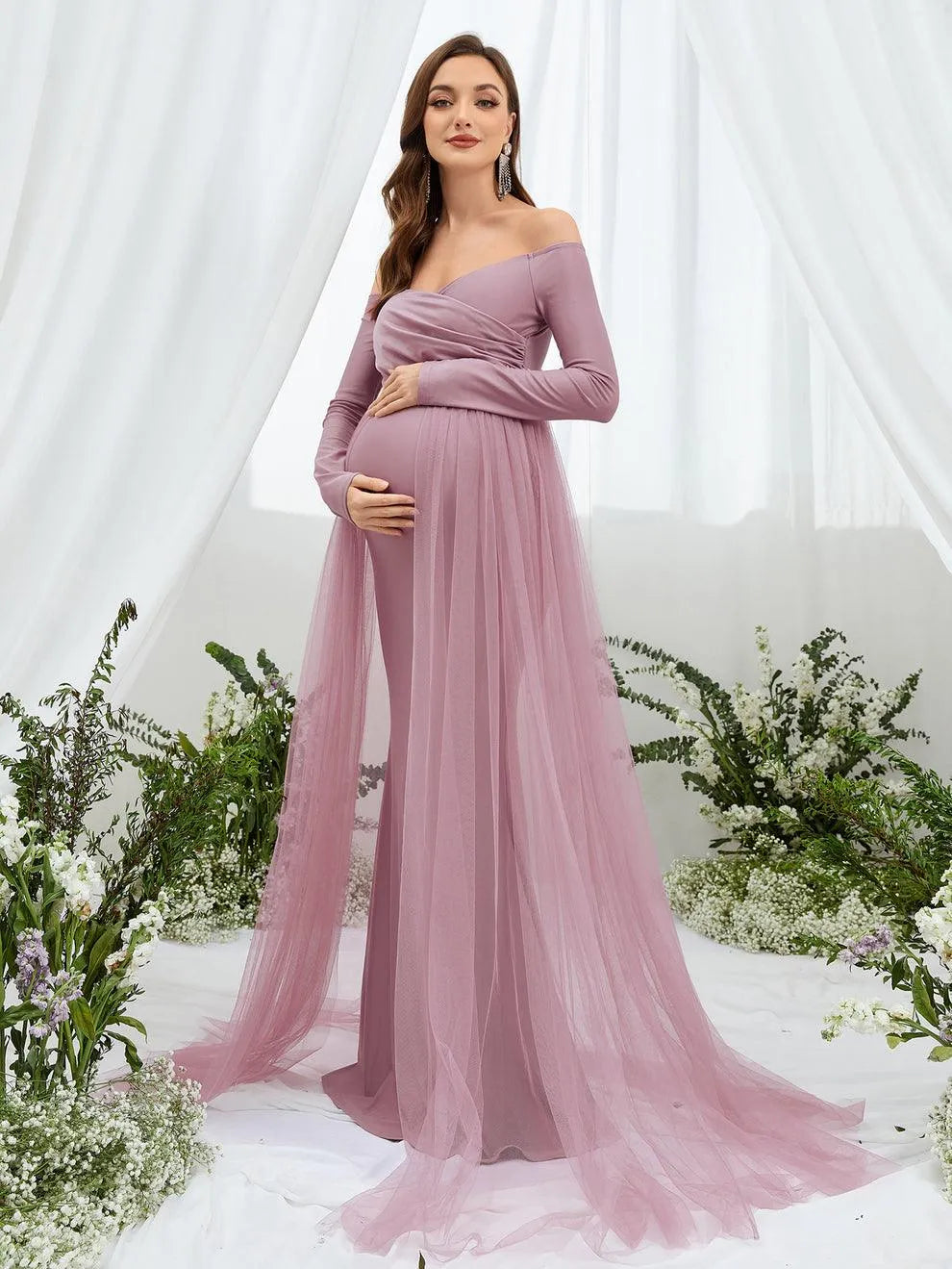 Maternity Off Shoulder Contrast Mesh Mermaid Dress