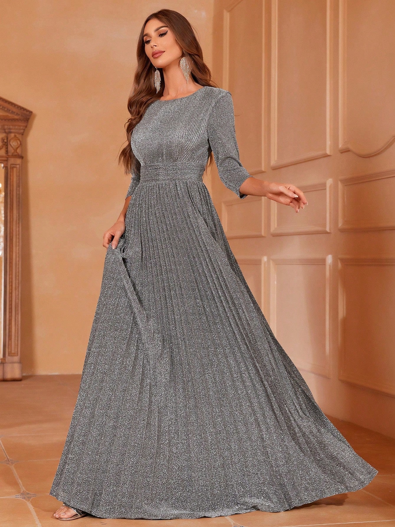 Glitter 3/4 Sleeve Pleated A Line Dress