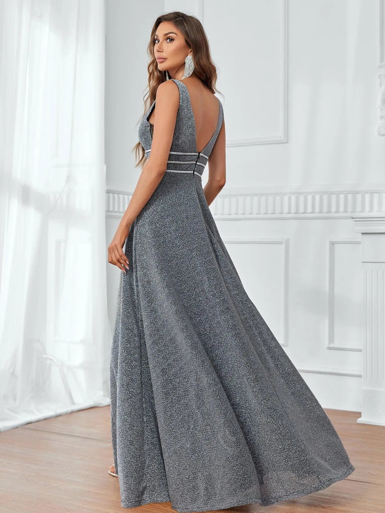 Glitter V Neck Sleeveless A Line Dress