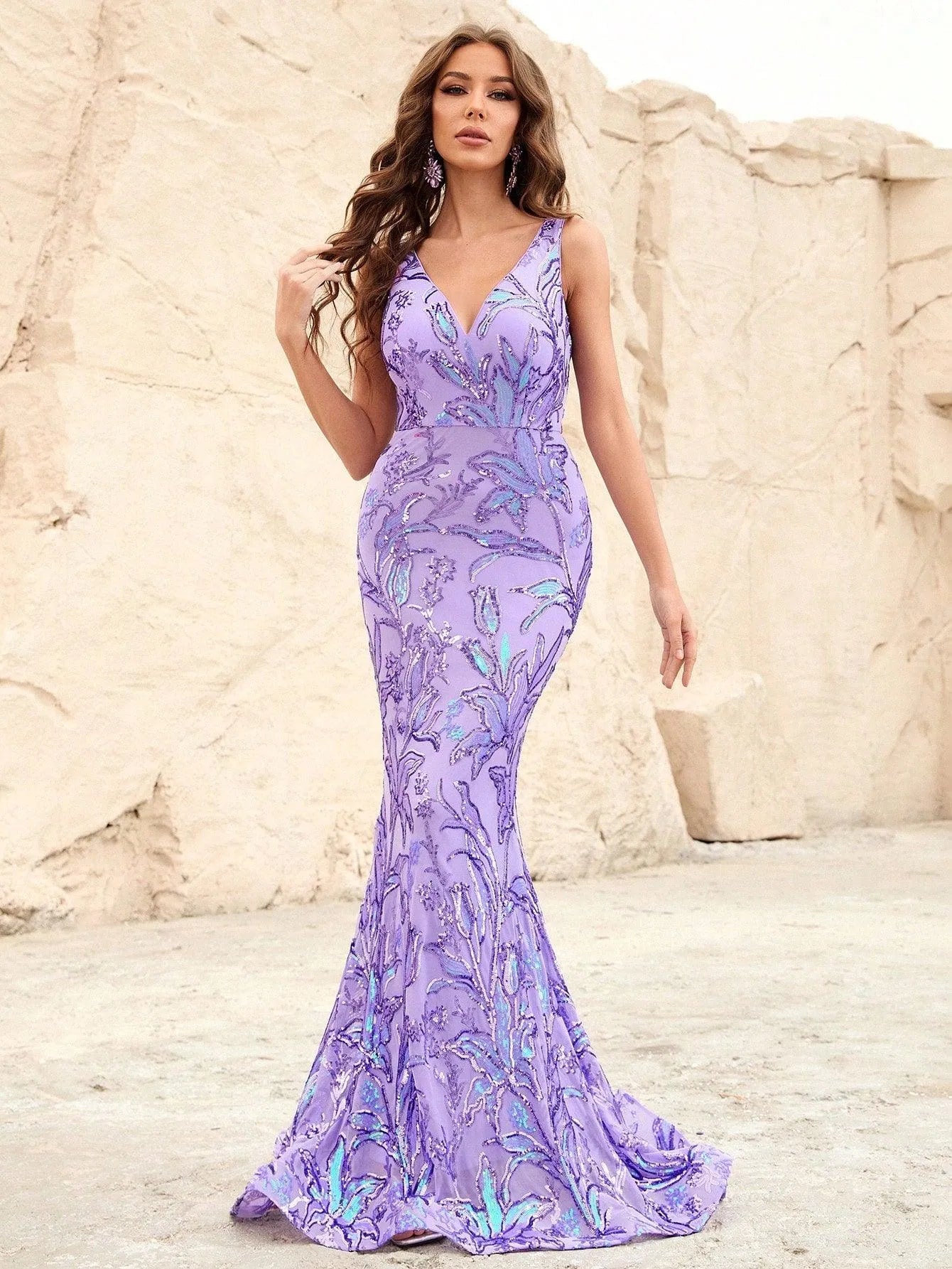 Floral Sequin Backless Mermaid Dress