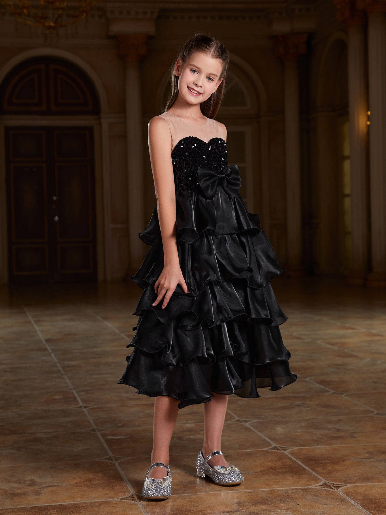 Girl's Sleeveless Sequin Contrast Layered Organza Hem Dress