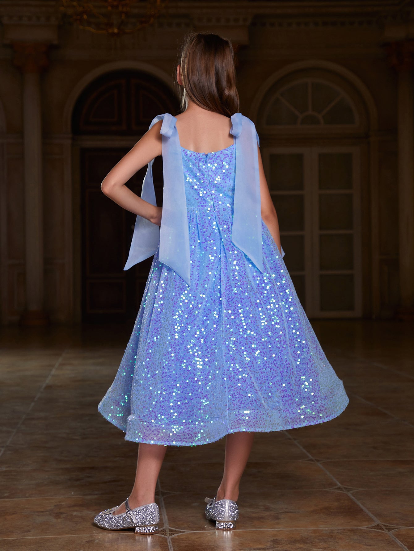 Girl's Tie Shoulder Sequin Party Dress