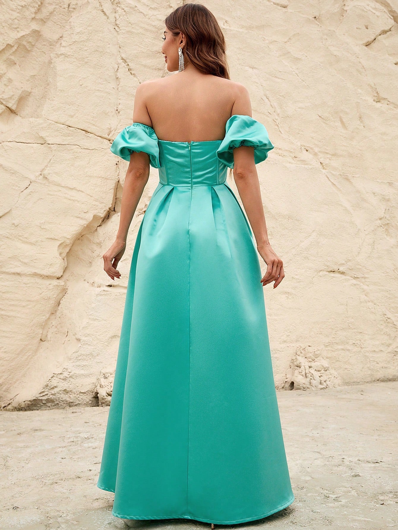 Off Shoulder Puff Sleeves Ruched Bust Fold Pleated Satin Gown