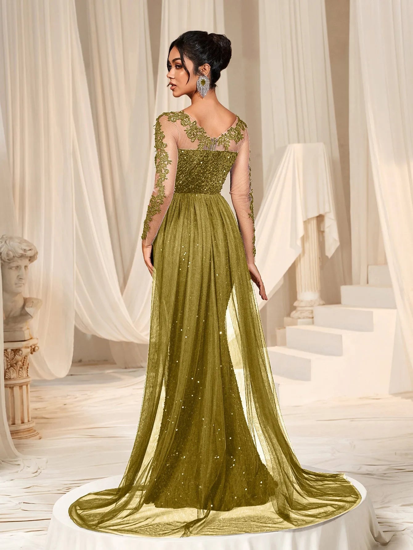 Elegant Sheer Sleeves Mesh Train Sequin Evening Dress