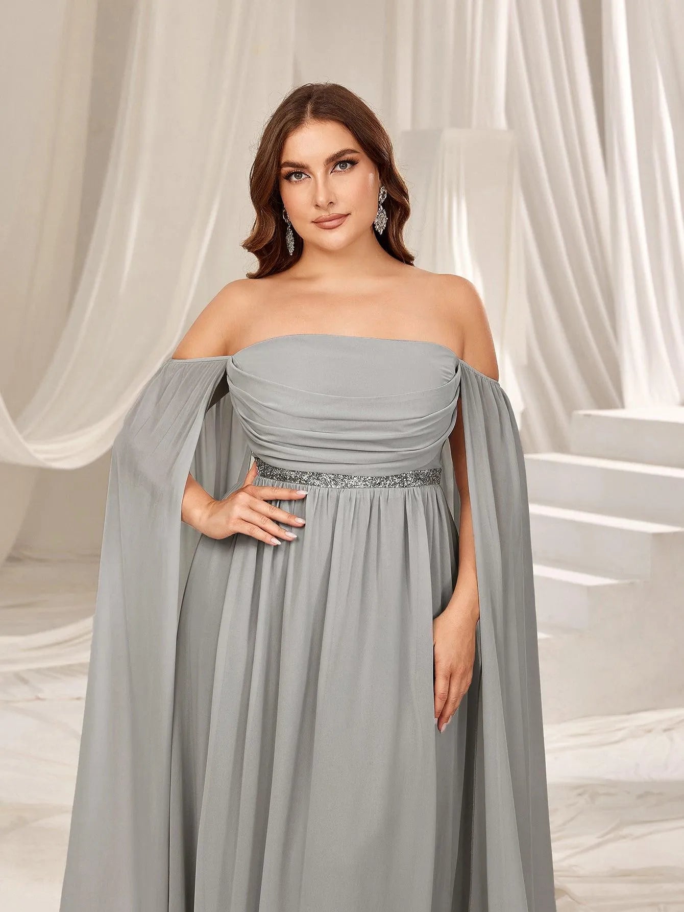 Plus Off Shoulder Extra-Long Sleeves Chiffon Prom Dress