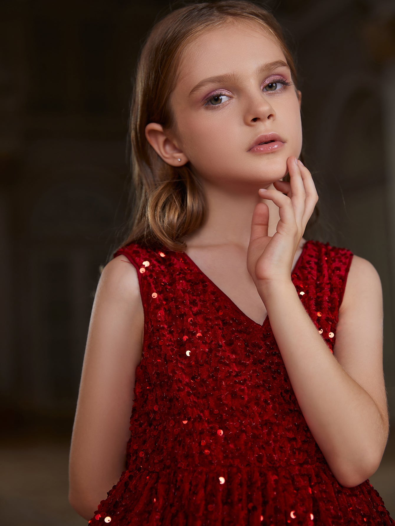 Girl's V Neck Sleeveless Sequin Tail Dress With Bow