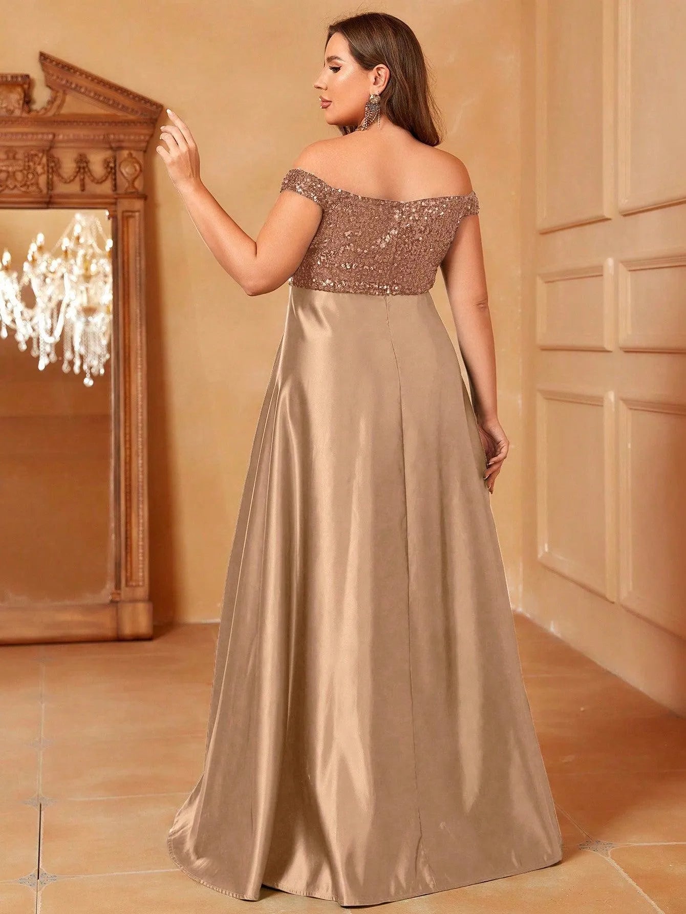 Plus Sweetheart Neckline Contrast Sequin Satin Prom Dress